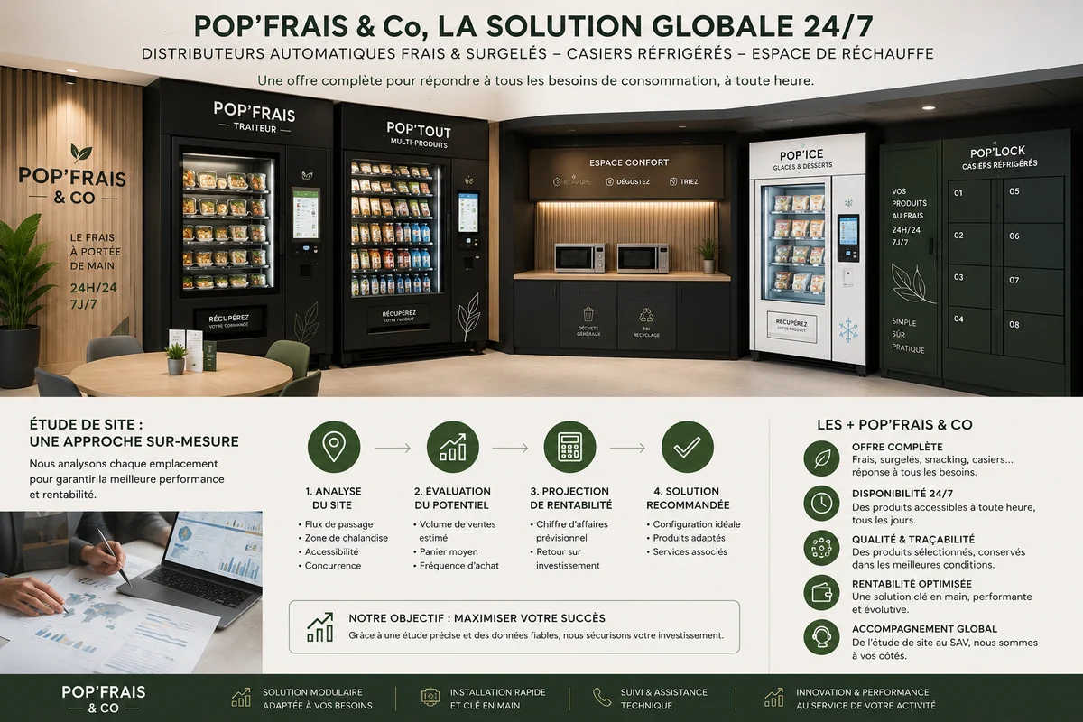 Visuel illustratif présentant l'écosystème complet POP'FRAIS & Co : distributeurs, surgelés, casiers et étude de site